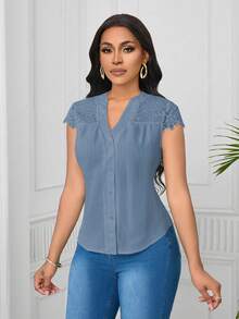Lunelith SHEIN Lunessa Elegant Lace Patchwork Wave Striped Short Sleeve Women Blouse - Blue - View 7