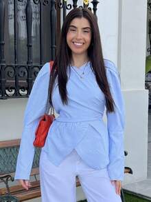 Hitanina Women's Blue And White Striped Cinched Waist Shirt, Autumn/Winter Peplum Blouse Light Blue Blouse Puff Sleeve Blouse Women Blouses Elegant Lantern Sleeve Blouse Casual Spring - Blue and White - View 3