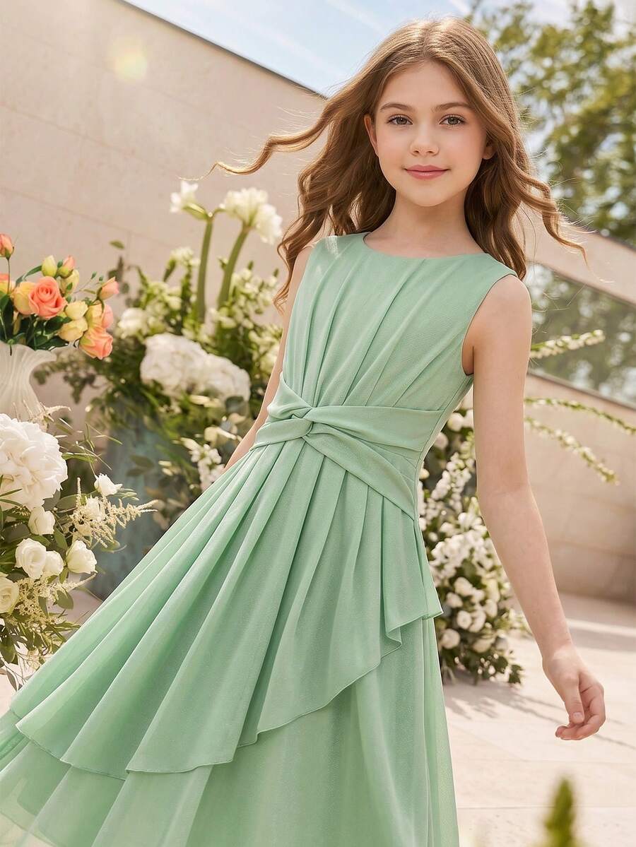 Girls' Sage Green Elegant Sleeveless Formal Flower Girl Dress, Everyday Wear Wedding Summer - Green - View 1