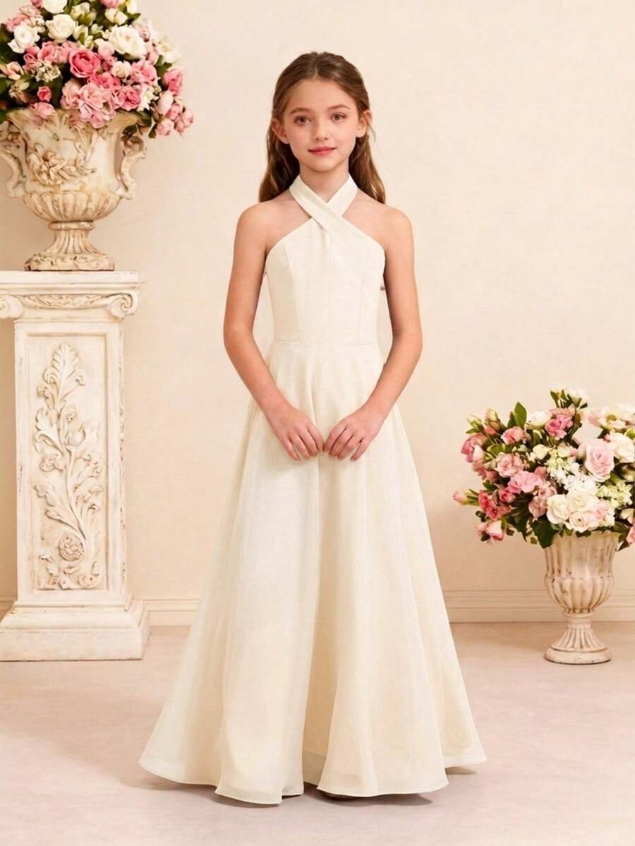 Pitira Đầm dài cổ yếm thanh lịch màu mơ cho bé gái tuổi teen, đầm dự tiệc cưới cho bé gái cầm hoa. - Màu be - Xem 1
