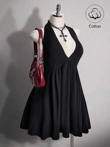 SHEIN ICON 大码女式水洗棉黑色吊带连衣裙 - 黑色 - 查看 4