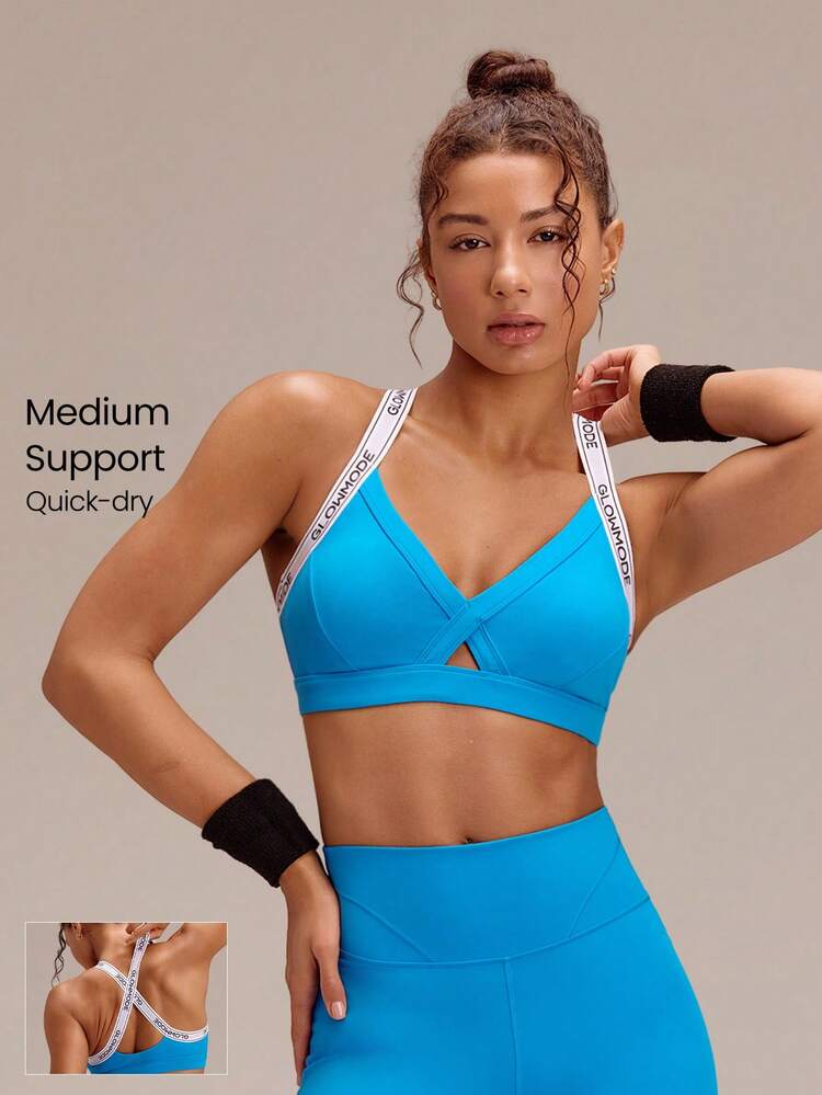 FeatherFit™-Sculpt CrossPulse Sweat-Wicking Stretchy Logo Cross Back Triangular Bust Design Sports Bra With Removable Cups Medium Impact Training Running Workout Gym Fitness Wear