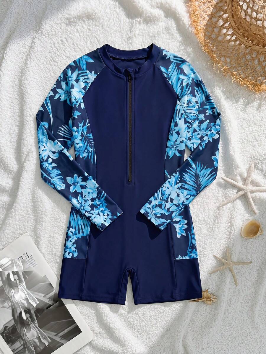 SHEIN Áo tắm liền thân tay ngắn ôm sát in họa tiết cây nhiệt đới dành cho bé gái tuổi teen, thích hợp cho kỳ nghỉ hè, du lịch biển, màu đen. - Màu xanh hải quân - Xem 1