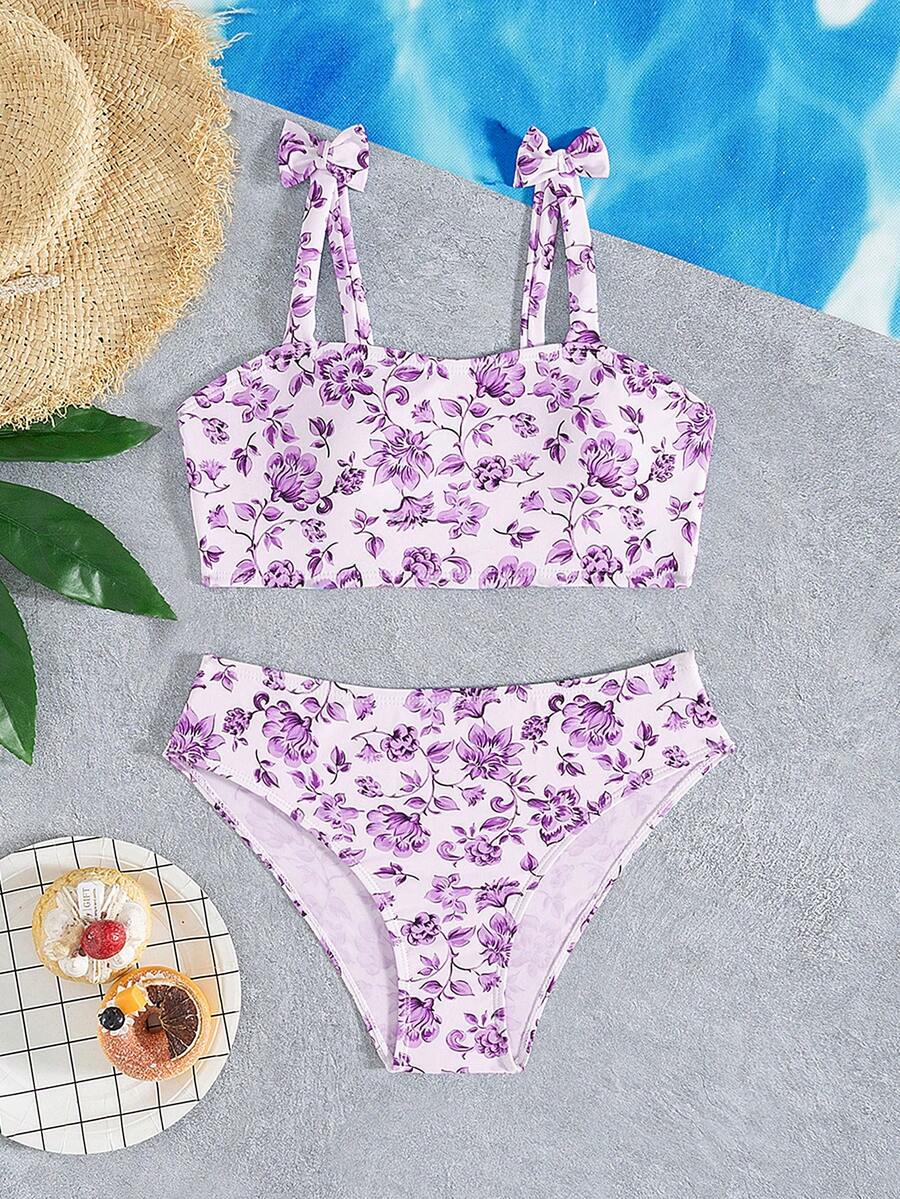 SHEIN 少女碎花比基尼套装,针织面料,蝴蝶结设计,时尚优雅,适合游泳、度假、夏季、海滩穿着。少女两件式泳衣,碎花图案,适合青少年女孩。 - 淡紫色 - 查看 1