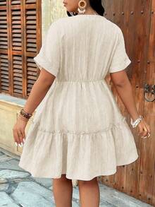 SHEIN Holidaya Plus Size V-Neck Textured Drop Shoulder A-Line Ruffle Hem Dress - Apricot - View 2