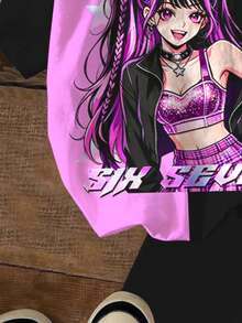 Conjunto de camiseta de manga corta y pantalones cortos de 2 piezas para niñas preadolescentes, con estampado gráfico de niña de dibujos animados, patrón numérico 67, "Fun Six&Seven", estrellas del K-Pop, en bloques de color morado y negro, adecuado para estilos cómodos de primavera y verano - Multicolor - Ver 6