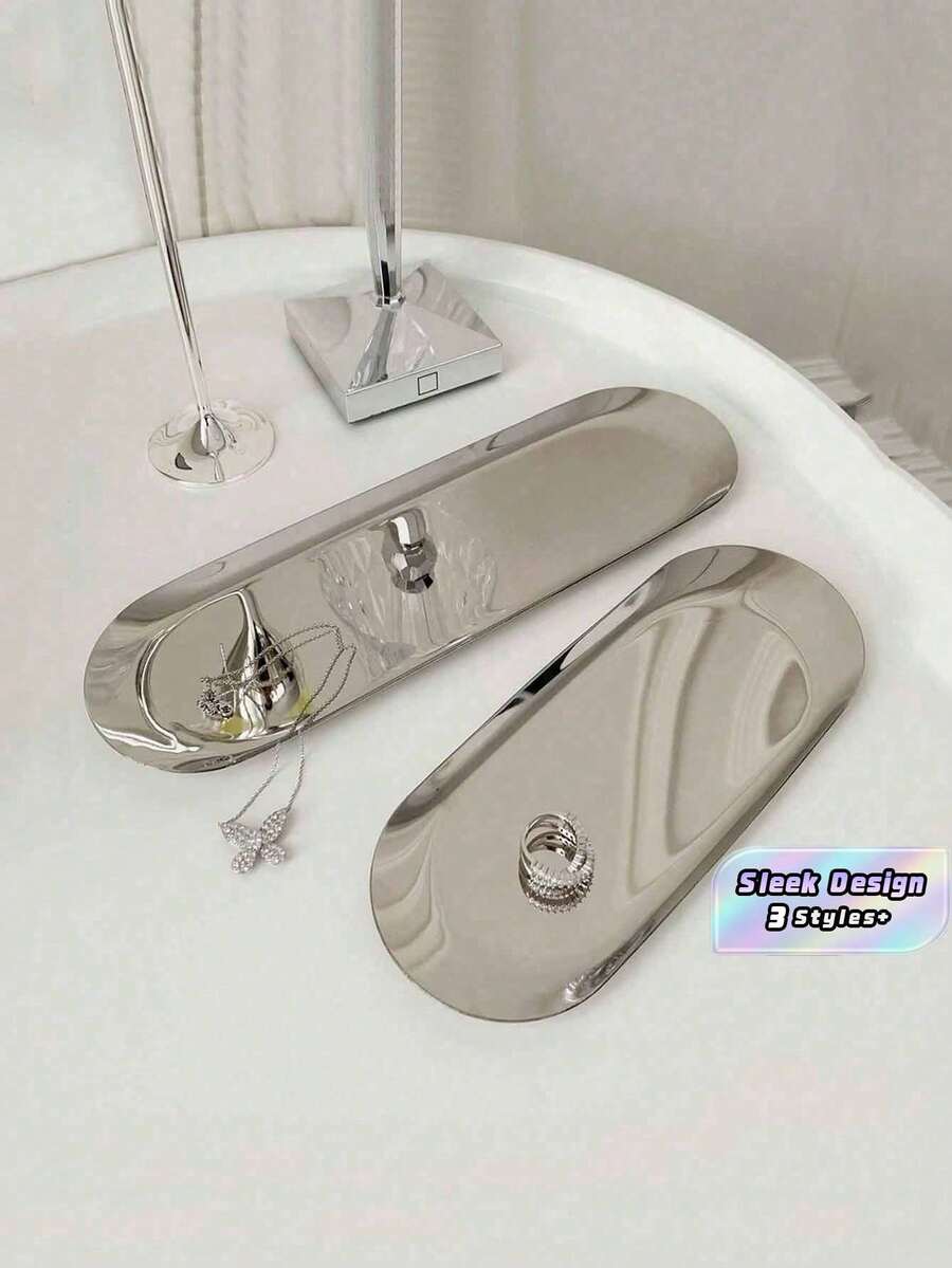 1 chiếc khay đựng đồ trang sức bằng kim loại màu bạc sang trọng, hình oval, dùng trang trí nhà cửa, làm đồ thủ công để bàn (7in/8.7in/10.2in)