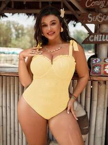 Swim Mod Traje de baño de una pieza con volantes de unicolor, elegante, con tirantes finos, para mujer de talla grande, de moda y casual para vacaciones - Amarillo - Ver 5