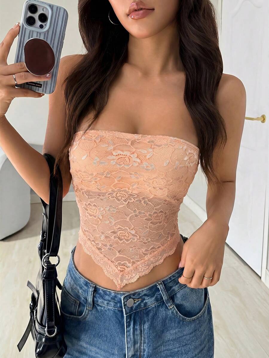SHEIN EZwear 橙色蕾丝拼接不对称下摆性感露肩短款背心,春夏款 - 橘色 - 查看 1