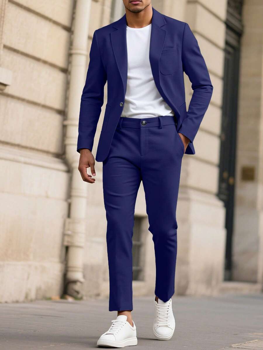 Manfinity Mode Bộ vest nam màu xám nhạt cổ chữ V, kiểu dáng thường ngày, thích hợp cho mùa xuân/hè. - Xanh đậm - Xem 1