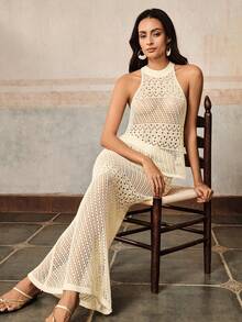 Anewsta Women's Sexy Beach Vacation Style Knitted Hollow Out Cover-Up Skirt Set Beige Summer - Apricot - View 4