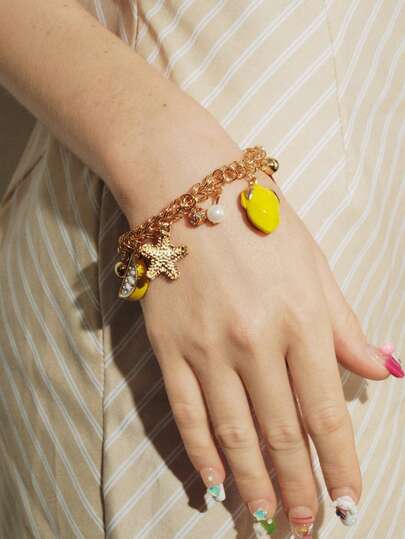 Popjeli 1pc Fashion Cute Lemon, Pearl & Star Tassel Chain Bracelet, Summer Beach Party Jewelry For Women
