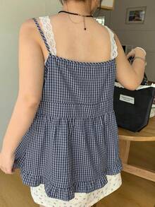 Dazy Plus Áo camisole không tay cỡ lớn dành cho nữ, họa tiết kẻ caro tương phản phối ren, thời trang, thích hợp cho mùa xuân/hè. - Xanh và trắng - Xem 2