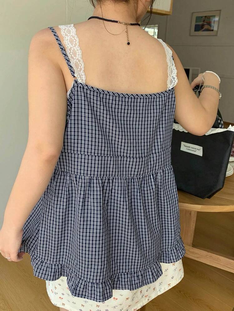 Dazy Plus Fashionable Plaid Contrast Color Lace Trim Plus Size Women's Sleeveless Camisole Top, Spring/Summer