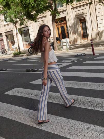 Nöista Striped Flared Pants With Comfy Stretch Waist. Perfect For Summer Outfits, Saint John Festival Vibes, Or Chill USA Holiday Looks. Soft Linen Blend.