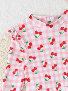 Baby Girls Cherry & Plaid Pattern Round Neck Long Sleeve Swimsuit And Hat Set - Multicolor - View 5