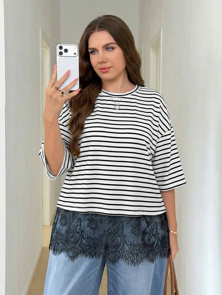 SHEIN LUNE Plus Size Women Black And White Stripe Round Neck Casual Short Sleeve T-Shirt Clothes For Ladies Top Clothing New Arrivals Day Summer Travel - Black and White - View 1