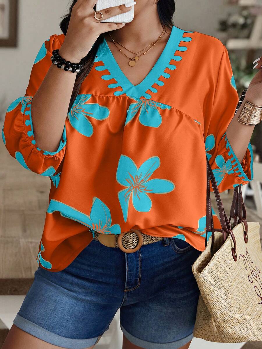 Weeklong Blusa de mujer talla grande con cuello en V y manga corta con estampado aleatorio - Multicolor - Ver 1