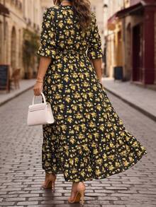 SHEIN Clasi CURVE Plus Size Women V-Neck Floral Print Irregular Hemline Mid-Length Sleeve Dress,Black Summer Boho Tea Party Vacation Casual Sundress Easter Outfit - Multicolor - View 2