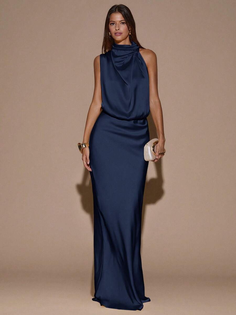 SHEIN BAE Đầm maxi dáng đuôi cá màu vàng kem trơn, gợi cảm, tối giản, không dây vai, bất đối xứng, thích hợp cho tiệc tùng, cocktail, các dịp trang trọng, phù dâu, sinh nhật, đầm dài bằng satin màu vàng. - Màu xanh hải quân - Xem 1