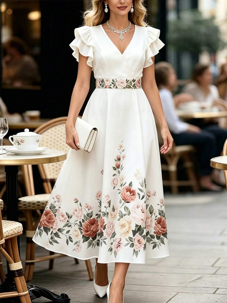 EMERY ROSE 女款V領荷葉袖優雅花卉印花洋裝,夏季通勤洋裝,收腰設計適合外出與度假,適合嬌小女性 - 彩色 - 查看 1