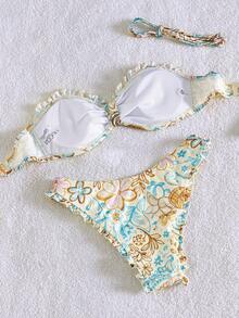 Swim Mod 女士夏季沙滩印花露背系带性感比基尼和三角泳裤套装 - 彩色 - 查看 5
