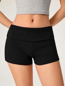 SHEIN BASICS Quần short nữ dệt kim gân màu trơn, kiểu dáng thường ngày, thích hợp cho mùa hè. - màu đen - Xem 4