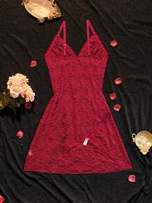 Seduluxe Set de 2 piezas de lencería de talla grande con vestido de tirantes transparente y encaje color vino tinto - Burdeos - Ver 2