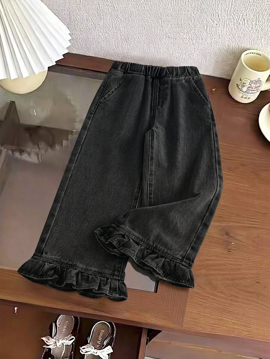 SHEIN 女童休闲柔软棉质牛仔裤,松紧腰,喇叭裤脚,宽松版型,适合日常穿着和度假,黑灰色水洗 - 深灰色 - 查看 1