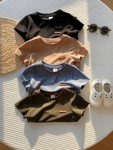 SHEIN 男女宝宝4件套纯色基础款圆领短袖针织T恤套装，舒适休闲百搭，适合春夏室内外活动 - 彩色 - 查看 6
