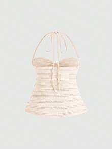 Sweetra Áo hai dây nữ cỡ lớn màu trơn mới, chất liệu ren dệt, có dây rút, kiểu dáng spaghetti, thích hợp mặc hàng ngày, đi học, đi biển, mùa xuân, mùa hè, mùa thu. - Màu be - Xem 2