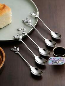 5pcs Leaf Design Spoon,Kitchen,Christmas Gift,School Supplies - Apricot - View 1