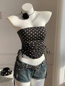 Comfortcana Women's Summer Fashion Holiday Style Black And White Polka Dot Print Drawstring Ruched Cropped Tube Top Vacation 1920s Vintage Classy,Summer Top - Black - View 8