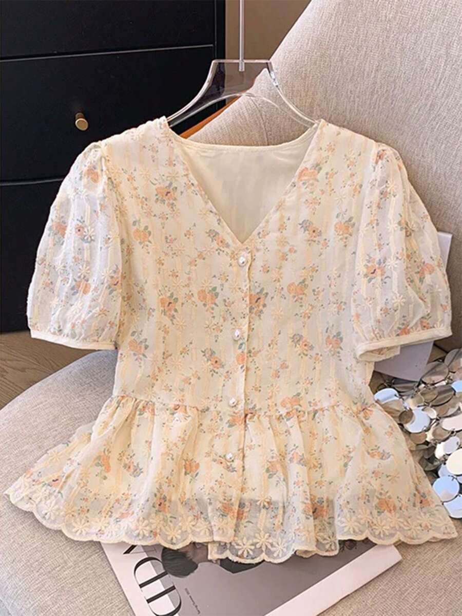 Franclia French Romantic Embroidered V-Neck Short Sleeve Blouse For Women - Orange - View 1
