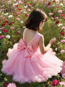 SHEIN Glamorique Kids 少女公主洋裝，花童裙，淡粉色網紗公主洋裝，3D網紗花朵，可愛優雅派對花童洋裝，生日派對，婚禮，婚紗，中東，歐洲和美國，珍珠，背後大蝴蝶結芭蕾舞茶會洋裝，女孩洋裝，芭蕾花童洋裝，迷人兒童洋裝，兒童洋裝，生日女孩，夏季 - 粉色 - 查看 4