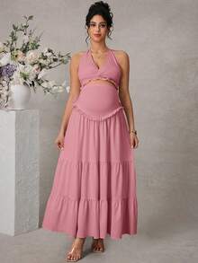 SHEIN 女款純色細肩帶扭結優雅上衣與長版孕婦裙兩件套 - 藕粉色 - 查看 3