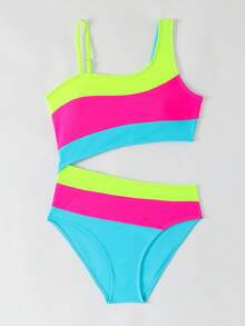 SHEIN Bộ bikini đan dây bất đối xứng cho bé gái tuổi teen, thiết kế eo khoét sâu, đồ bơi một mảnh thời trang và thanh lịch, thích hợp cho bơi lội và đi biển mùa hè - Nhiều màu - Xem 6