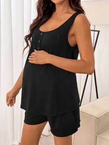 SHEIN 2件套哺乳纯色U领无袖宽肩带舒适夏季套装 - 黑色 - 查看 9