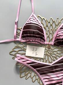 Swim Mod 2pcs/Set Random Floral Print Gold Disc Decor Halter Triangle Bra And High Cut Thong Sexy Bikini Swimwear Set, Spring/Summer - Multicolor - View 7