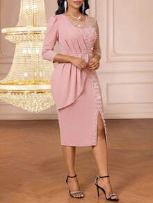 Fleurora Đầm dự tiệc cỡ lớn thanh lịch đính hạt, phối lưới, kiểu dáng patchwork. - Hồng - Xem 3
