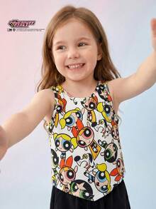 THE POWERPUFF GIRLS X SHEIN Maija Kids Áo tank top không tay cổ tròn, chất liệu mềm mại, họa tiết hoạt hình dành cho bé gái. - Nhiều màu - Xem 3