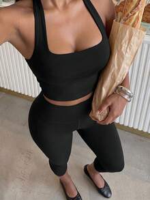 SHEIN MOOSTA Bộ 2 áo crop top cổ lọ đơn giản và quần legging xẻ gấu ôm vừa vặn, phù hợp cho mọi mùa - màu đen - Xem 5