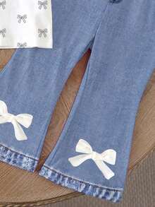 Set de 2 piezas para bebé y niña pequeña (6 meses - 2-3 años) con parte superior de manga corta con estampado de mariposa + pantalones acampanados, estilo suave y dulce/fresco para niña, conjunto de camiseta ligera para uso diario, escuela, primavera/verano/otoño al aire libre - Multicolor - Ver 5