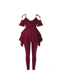 SHEIN Clasi Conjunto Casual de 2 Peças com Top Ombro a Ombro Plissada e Calça em Cor Sólida, Plus Size - Vinho - Visão 2