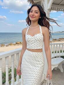 SHEIN Elegant Polka Dot Sleeveless Dress & Cardigan Set, Slim Fit Commuter Style For Teens - Black and White - View 4