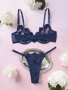 Elorette 2pcs Navy Blue Underwear Set With Underwire, Floral Embroidery, Romantic & Elegant French Style (Includes Bra And Thong) - Royal Blue - View 10