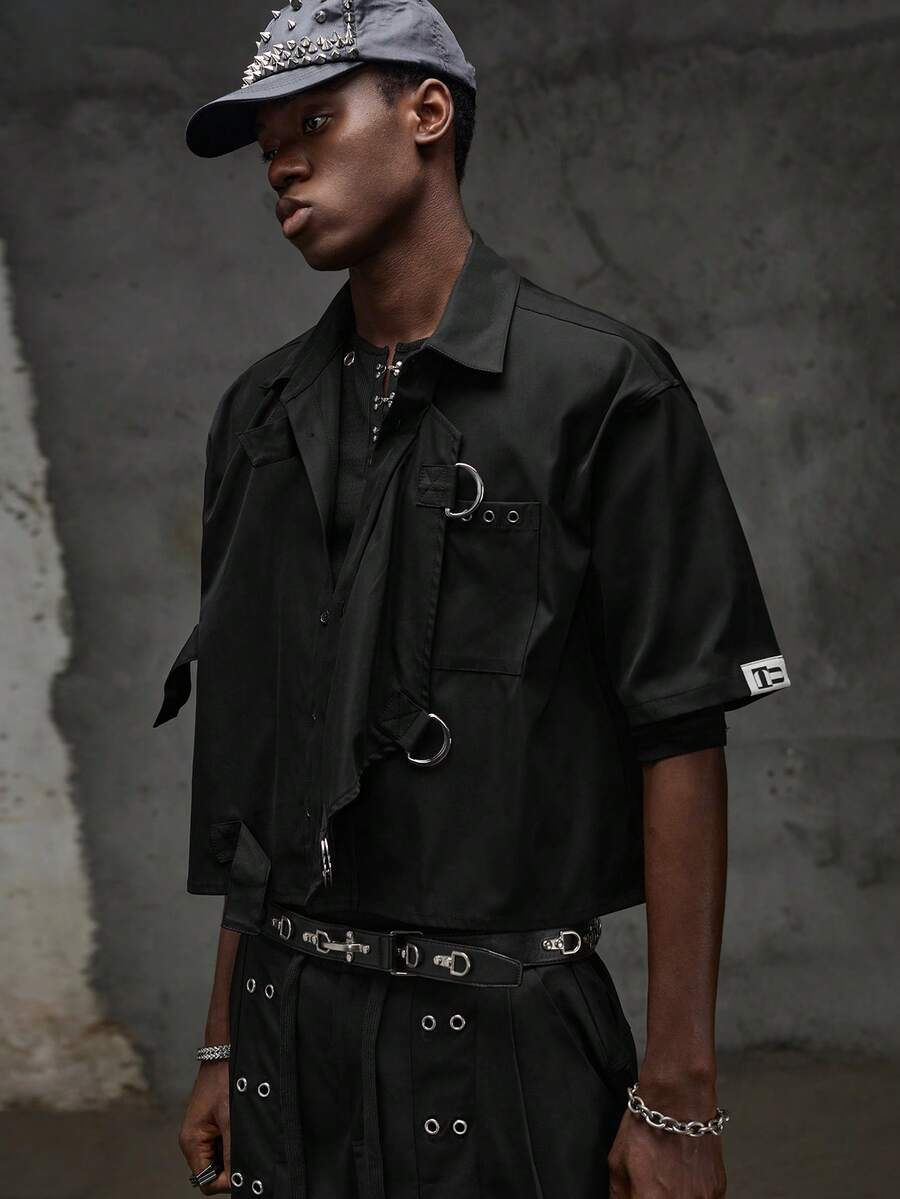 NEON BLANC Men's Twill D-Ring Buckle Short Sleeve Shirt - Black - View 1