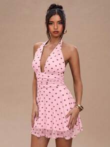 SHEIN BAE Gaun Mini Halter Motif Polkadot untuk Wanita, Gaun Musim Panas untuk Wanita - Coral Pink - View 5