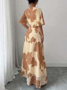 Modelyn Women's Elegant Round Neck Ruffle Flare Sleeve Fitted Flowy Maxi Chiffon Dress, Spring/Summer - Multicolor - View 2