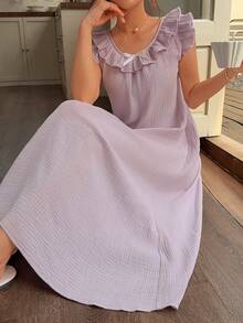 Napfluff Camisola de verão feminina 100% algodão, tecido plissado com babados e detalhe de laço. - Roxa - Ver 6